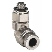 Stainless steel push-to-connect x MUNF elbow fitting for 5/32 in OD tubing. Features a #10-32 male thread for connecting to threaded ports. Used in pneumatic systems to create a 90-degree directional change in tubing runs