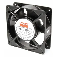 Standard square axial fan for general ventilation and cooling in enclosures, electronic cabinets, and small equipment. Delivers 70 cfm airflow at 0.000 in SP. Operates on 115V AC. Features polybutylene terephthalate blades, terminals for connection, and IP20 rating. Dimensions: 4 11/16 in height, 1 1/2 in depth.