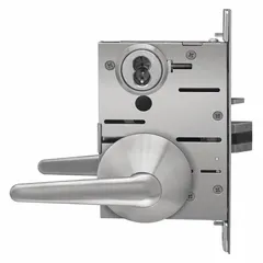 This office lever lockset features a satin stainless steel finish (F26) and is ADA compliant for accessibility. Its ligature-resistant design reduces anchoring points, making it suitable for behavioral health and correctional environments. The SPSL lever operates without a message function.