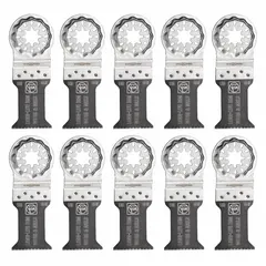 Bi-metal Starlock mounted blades for oscillating tools, supplied in a 10-piece pack. Each blade has an overall length of 3 13/16 inches. Suitable for cutting wood, including nail-embedded material, in renovation and demolition work.