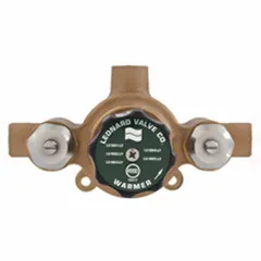 This thermostatic mixing valve features 3/4 in inlet and outlet connections with top/bottom supply/outlet configuration for compact installation. It delivers temperature-controlled water at the point of use, suitable for showers, sinks, and other fixtures requiring precise water temperature regulation.