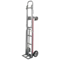 This heavy-duty folding hand truck features a dual-handle design and a silver finish. With a platform size of 14 inches wide by 8 inches deep, it is suited for transporting bulky items in warehouses, loading docks, and commercial delivery routes.