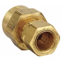 Brass compression fitting adapter with self-aligning design. Connects 1/2 in OD tubing to 1/2 in FNPTF threaded ports. Supplied in a 10-pack. Used in fluid systems for leak-free sealing in pneumatic, hydraulic, and instrumentation lines