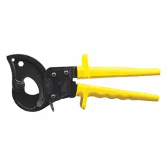 This ratcheting cable cutter is designed for cutting copper cable up to 400 MCM. Its ratcheting mechanism delivers clean, consistent cuts with reduced effort. The center cut design and plastic handles provide control and comfort. Suitable for electrical and data cable installation tasks.