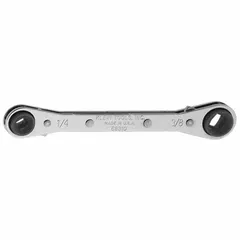 SAE 4-in-1 ratcheting box end wrench with four head sizes: 1/2 in, 1/4 in, 3/16 in, and 9/16 in. Overall length of 6 3/4 in. Used for tightening and loosening fasteners in general maintenance and repair tasks.