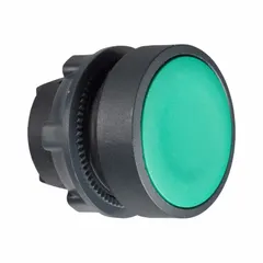 Flush-mount push-button operator from the XB5 series. Maintained-action device with a green non-metallic actuator. Designed for 22 mm panel mounting. Used as a control interface in industrial control panels and machinery.