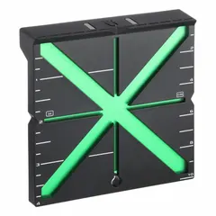 This black plastic laser alignment target is designed for use with laser levels to locate and align laser beams on surfaces. It measures 4 inches in height and 1 inch in width, aiding in layout tasks where direct visibility of the laser line is limited.