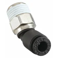 Nylon and nickel-plated brass push-to-connect elbow fitting for 4 mm OD tubing with 1/8 in male BSPT thread. Black color. Sold in a 10-pack. Used in pneumatic or fluid systems for connecting tubing to threaded ports