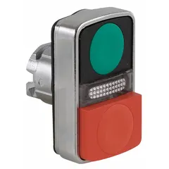 This illuminated multihead push-button operator from the XB4 series features two momentary-action buttons in a single 22 mm mounting hole. The extended profile and metallic construction suit industrial control panel applications requiring compact, dual-button control for start/stop or signaling functions.