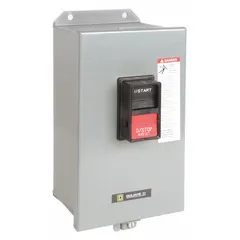 Enclosed non-reversing manual motor starter with thermal overloads, 3 poles, 27 A, NEMA Size M-1, maximum voltage rating 600V AC. Requires three thermal units (not included) for overload protection. Suitable for starting and protecting single-speed AC motors.