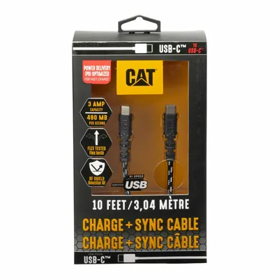 CAT Cable: Type C End 1, Type C End 2, Black/Silver, 10 ft Lg - Reinforced USB & Lightning Cables