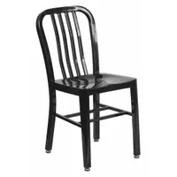 This metal armchair features a black powder-coated finish on both frame and seat. With a seat height of 18 1/2 inches and seat width of 15 1/2 inches, it is suited for outdoor dining or lounge seating in residential or commercial settings