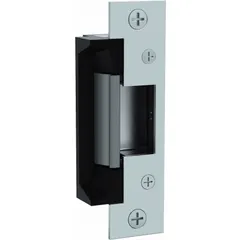 This cylindrical electric strike is constructed of stainless steel and measures 4 7/8 inches in height. It operates on 12/24V input voltage and is rated for heavy-duty performance. Used in access control systems to release cylindrical locksets when voltage is applied, suitable for commercial or industrial doors requiring secure remote unlocking.
