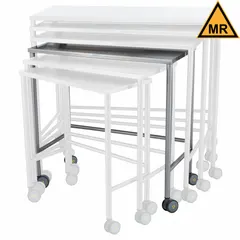 This fixed-height lab table features a stainless steel countertop and swivel casters for easy repositioning. With an overall height of 36 inches and length of 36 inches, it provides a cleanable, corrosion-resistant work surface suitable for laboratory and industrial environments.