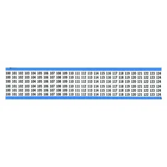 Preprinted wire marking label sheets from BRADY, featuring black legends on white vinyl cloth. Each pack contains 25 sheets with a total of 625 labels, numbered 100 to 124. Rated for continuous use from -40°F to 176°F, suitable for identifying wires and cables in control panels, machinery, and building installations.
