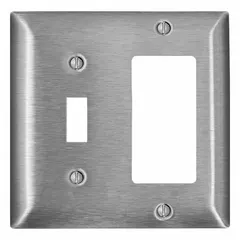 This 2-gang wall plate accommodates two toggle switches in a standard-size electrical box. Constructed from stainless steel, it provides corrosion resistance for use in residential, commercial, and industrial environments. The plate is designed for flush mounting on standard electrical boxes.