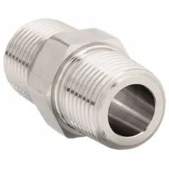 Steel hydraulic hose adapter with male NPTF threads on both ends for connecting two male ports in a straight, rigid configuration. The NPTF taper thread design provides a dry-seal connection without additional sealant. Commonly used in hydraulic systems, lubrication lines, and fluid power applications requiring leak-resistant connections.