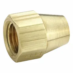 This brass flare fitting nut is designed for 5/8 in OD tubing and meets SAE J513 standards for 45-degree flare connections. It is used in fluid power systems to create a mechanical seal in hydraulic, pneumatic, and instrumentation lines.