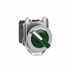 The SCHNEIDER XB4 series illuminated selector switch features a 30 mm panel-mount design with a short-handled knob and metallic bezel. It offers two positions (Off/On) with maintained/maintained action, and a 1NO/1NC contact configuration rated at 3 A @ 240 V AC and 0.55 A @ 125 V DC. The plastic operator head is illuminated, and no cam is included. Typical applications include manual on/off control and mode selection in industrial control panels and automation systems.