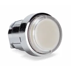 Illuminated flush-mount push-button operator from the XB4 series with momentary action. Metallic push button material. Suitable for industrial control panel applications requiring a flush-mounted operator for manual switching commands.