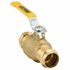 Brass ball valve with full port design for minimal pressure drop. Straight body with Press x Press connections for fast installation without threading or welding. Locking lever handle provides secure on/off flow control. Suitable for plumbing, HVAC, and water systems.