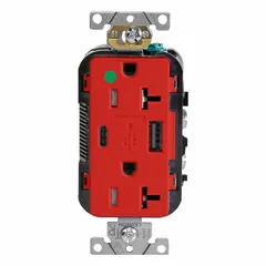 This hospital-grade duplex receptacle combines a 5-20R 125V AC outlet with one USB Type A/C charging port. Rated 20 A, it features tamper-resistant shutters and impact-resistant construction for demanding healthcare environments. The red housing aids identification in patient rooms, nurses' stations, and medical offices.