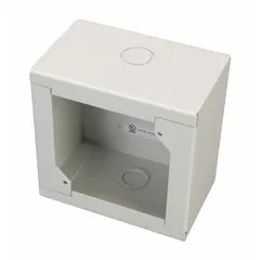 This white surface-mount box from Edwards Signaling is designed to house fire alarm system components such as pull stations or notification appliances. It provides a secure enclosure for wiring and electronics in commercial or industrial fire safety installations. The box has an overall depth of 3 5/8 inches and height of 5 5/8 inches, and is compatible with Edwards Signaling devices.