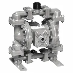 Air-operated double-diaphragm pump with 316 stainless steel housing. Features 1/2 in NPT connections, 15 gpm capacity, PE seat, and Santoprene check valves. Suitable for fluid transfer in industrial process applications.