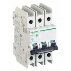 This 3-pole miniature circuit breaker from the C60BP series features a D-curve trip characteristic for high-inrush loads. Rated 10 A with a maximum interrupting rating of 14 kA at 120/240 V AC, it uses screw clamp terminals and is UL489 listed. Suitable for overcurrent protection in industrial and commercial electrical panels.