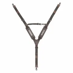 Leather tool suspenders with padded shoulder straps for distributing tool belt weight. Designed for carpentry and trades requiring hands-free tool access. Zero pockets. Manufacturer part number DWST550116.