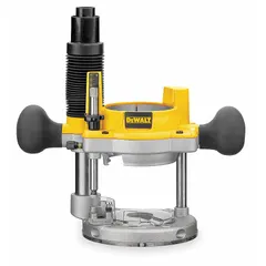 Plunge router base designed for use with DEWALT DW616 and DW618 routers. Features a Dual Grip handle configuration for enhanced control during routing operations. This 2-piece assembly provides a stable platform for precision woodworking tasks such as grooving, dadoing, and template work.