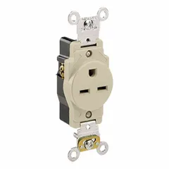 Single general purpose receptacle with NEMA 6-15 configuration, rated 15 A at 250V AC, 2-pole/3-wire grounding. Ivory finish. Suitable for powering equipment requiring a 250V, 15A connection in commercial or industrial environments.