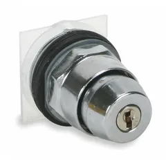 This 30 mm panel-mounted key switch from the Series 9001K features a maintained/momentary switch action with key removal in the left position. It is designed for industrial control panel applications requiring key-operated switching, such as enabling or disabling machine functions. This component does not include contacts.