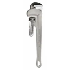Straight pipe wrench with serrated jaws for gripping pipes, fittings, and round stock. I-Beam handle provides strength while aluminum construction reduces weight. Jaw capacity of 2 inches accommodates standard pipe sizes. Suitable for plumbing, maintenance, and industrial tasks.