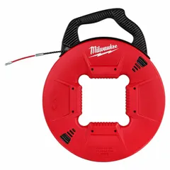 Non-conductive fish tape with 200 ft spiral polyester tape for pulling cables through conduit and walls. Features manual wind tape retraction with internal rotating winder slide and 17 in leader end style.