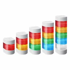 Three-tier tower light assembly with amber, green, and red light tiers and an integrated sounder tier. Operates on 100 to 240V AC, IP54 rated, direct wire connection. Suitable for visual and audible status indication in industrial environments.