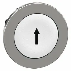 Metal push button head with white up arrow legend, designed for screw-on attachment to XB4 series operators. Suitable for use as a control interface on industrial panels, typically indicating start or upward movement functions.
