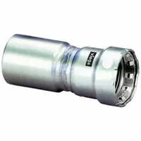 This stainless steel press fitting connects 2 in pipe to 1 1/2 in pipe using an FTG x Press-fit design with an FKM seal. It is used in industrial piping systems for applications such as HVAC, plumbing, and process lines where secure, leak-proof connections are required