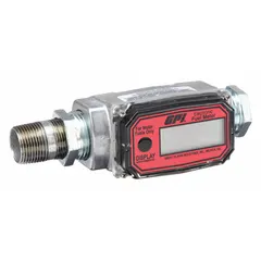 Inline turbine totalizer for fuel flow measurement. Features a 1 in FNPT connection, flow range of 3 to 30 gpm, and a nylon rotor. Provides a digital display in gallons with 4-20 mA output and +/-2.5% accuracy. Suitable for monitoring diesel, gasoline, and other fuels in transfer systems and bulk plant operations.