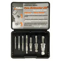 This 7-piece set includes double-end and single-end extractor bits in sizes #1, #2, #3, and #4. Extractor capacities range from #5 to 1/4 in and 5/16 in to 1/2 in. Used for removing broken or stripped screws from metal, wood, or plastic in maintenance and repair tasks.