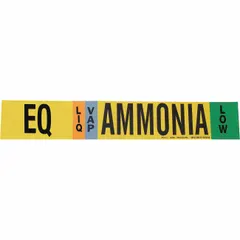 Ammonia adhesive pipe marker for LIQ/VAP phase at Low IIAR pressure level. Fits pipe outer diameter 8 inches and larger. Supplied without arrows. Used to identify ammonia piping systems in industrial refrigeration applications.