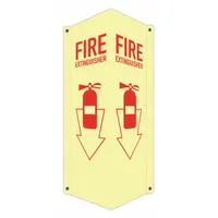 This V-shape projection sign is made of 0.04 in thick aluminum with mounting holes for secure installation. It features glow-in-the-dark properties for visibility in low light and is not retroreflective. Commonly used to mark fire extinguisher locations in industrial facilities, warehouses, and commercial buildings