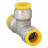 This nickel-plated brass push-fit tee fitting connects three 12 mm OD tubes in a T-configuration for pneumatic or fluid systems. It features a 28 25/32 mm overall length and allows tool-free installation for secure, leak-free branch connections