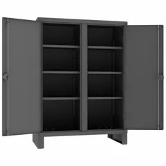 This shelf-style shift cabinet from DURHAM MFG is fully assembled and features a gray finish with legs. It includes 6 adjustable shelves and 2 doors, providing organized storage for tools, parts, and supplies in industrial environments such as warehouses and workshops.