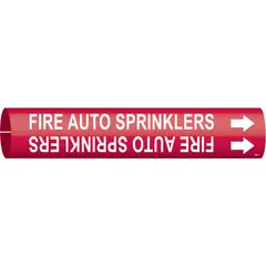Red snap-on pipe marker with white legend text reading 'Fire Auto Sprinklers'. Fits pipe outer diameters from 4 to 6 inches. Includes directional arrows to indicate flow direction. Used for identifying fire sprinkler piping in industrial and commercial facilities.