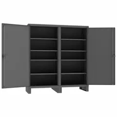 This shelf-style shift cabinet from DURHAM MFG is assembled and finished in gray. It includes 8 adjustable shelves and 2 doors, mounted on legs. Typical applications include organized storage of tools, parts, and supplies in industrial environments such as warehouses and maintenance shops.