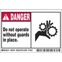 Polyester adhesive sign, 3 1/2 in x 5 in nominal size, 0.01 in thick. Not retroreflective or glow-in-the-dark. Supplied in a 5-pack. Used to warn personnel that machinery must not be operated unless safety guards are installed