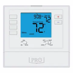 Square push-button thermostat for heat and cool systems. Supports 1H/1C conventional or 2H/1C heat pump stages with manual changeover. Features 7-day programming and a temperature control range of 44° to 90°F. Terminal designations include B.