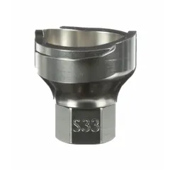 This stainless steel S33 adapter connects PPS series disposable cups to spray guns. It features a 1/8 in thread size and is used in painting applications for reliable fluid delivery.