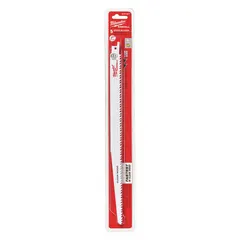Pack of 5 reciprocating saw blades for wood cutting and pruning. Each blade is 12 inches long, 0.05 inches thick, with 6 teeth per inch. Rigid design and tapered geometry enable straight cuts in lumber and branches.